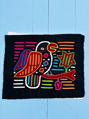 Vintage handmade Mola textile art panel, fiber arts, colorful bird decor, Guna